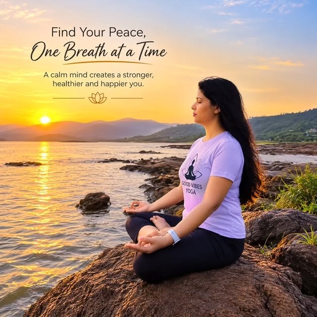Poonam Singh meditating on a rock beside a lake at sunrise