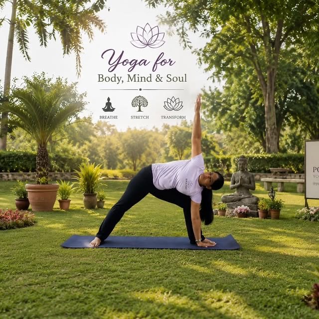 Poonam Singh demonstrating triangle pose on a mat in a green garden