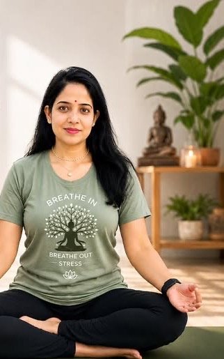 Poonam Singh seated in a cross-legged meditation posture in a sunlit yoga studio